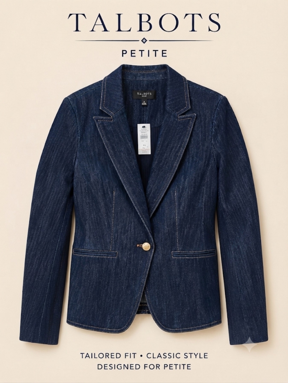 NWT Talbots Minimalist Petite Dark Indigo Denim Blazer, 4P